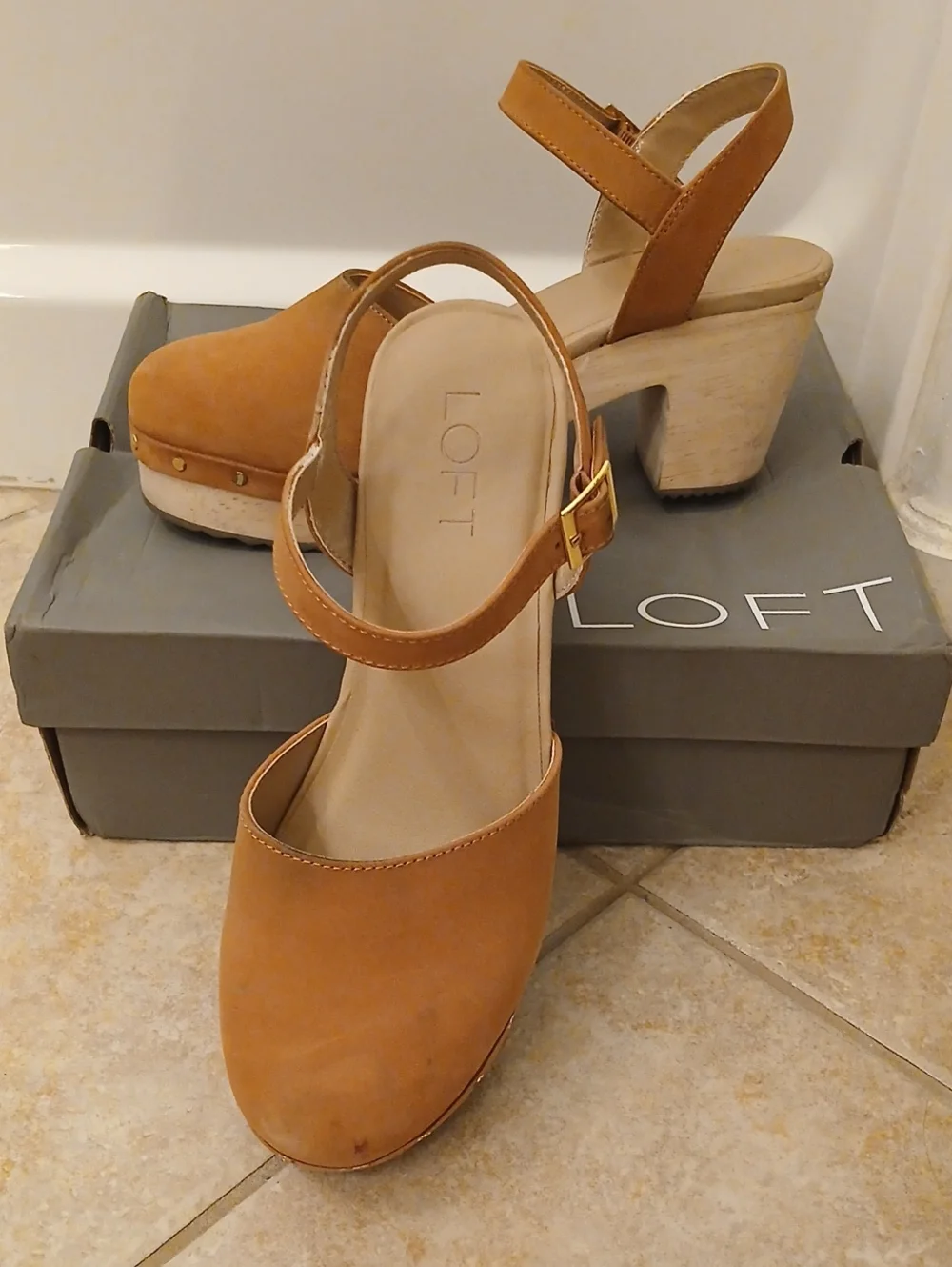 LOFT Cognac Leather Platform Clog Sandals with Ankle Strap